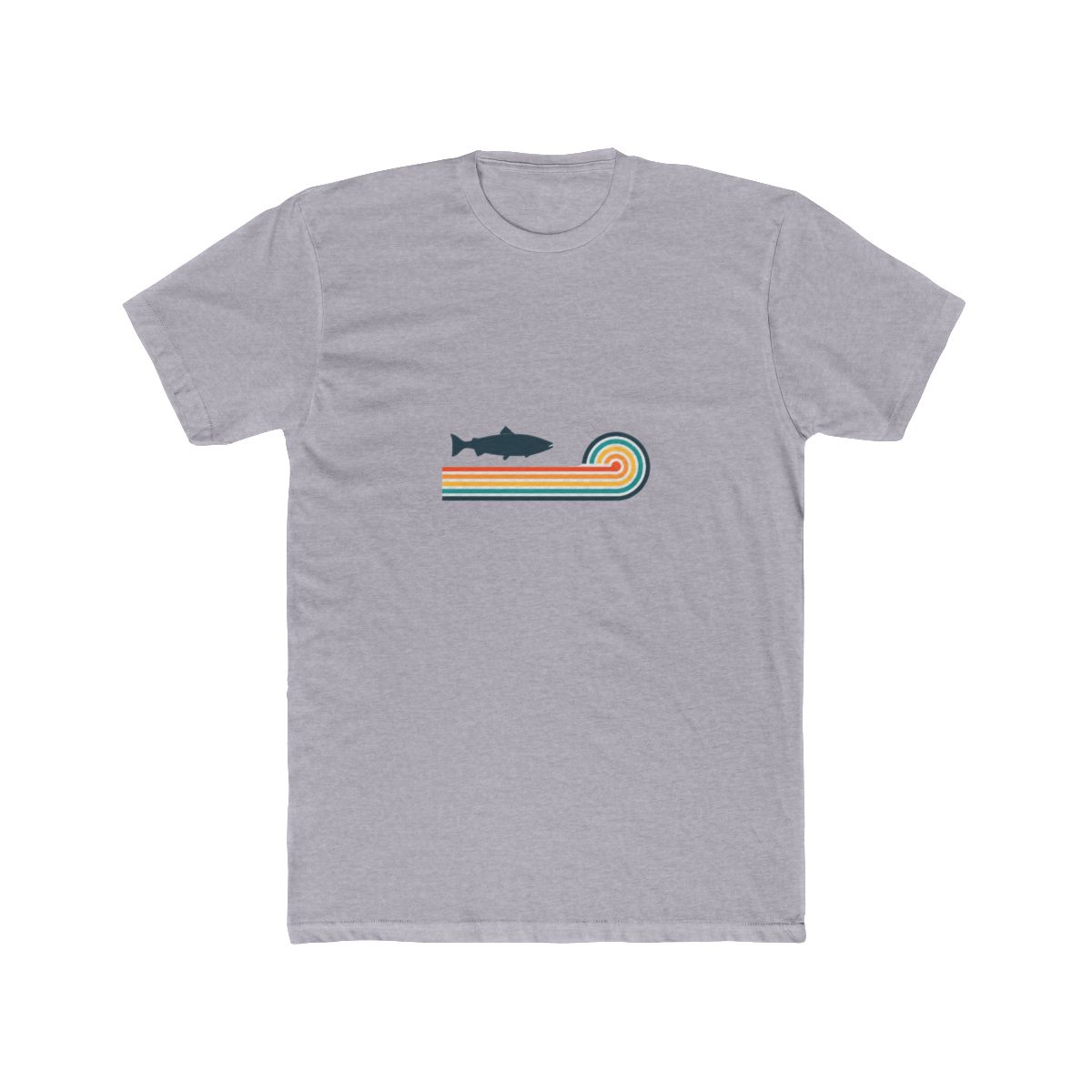 Pale blue T Shirt with a retro design. It features a dark blue fish silhouette above horizontal stripes in orange, yellow, and teal. The shirt has rolled-up sleeves and a knot at the bottom. The text... - alternate angle 4, merchandise