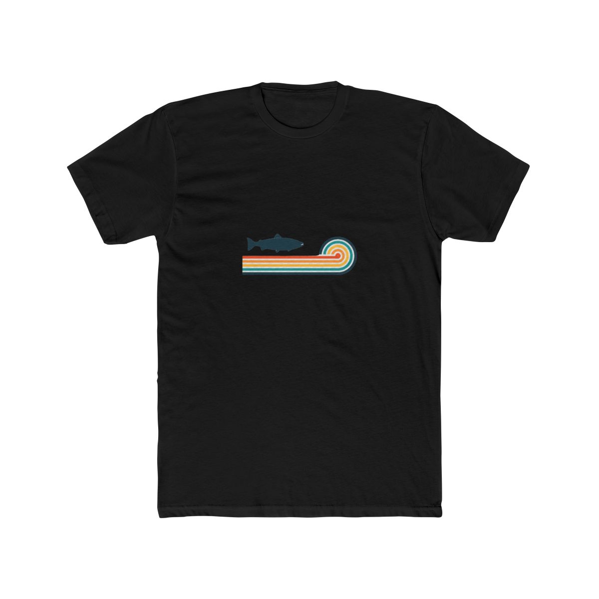 Pale blue T Shirt with a retro design. It features a dark blue fish silhouette above horizontal stripes in orange, yellow, and teal. The shirt has rolled-up sleeves and a knot at the bottom. The text... - alternate angle 3, merchandise