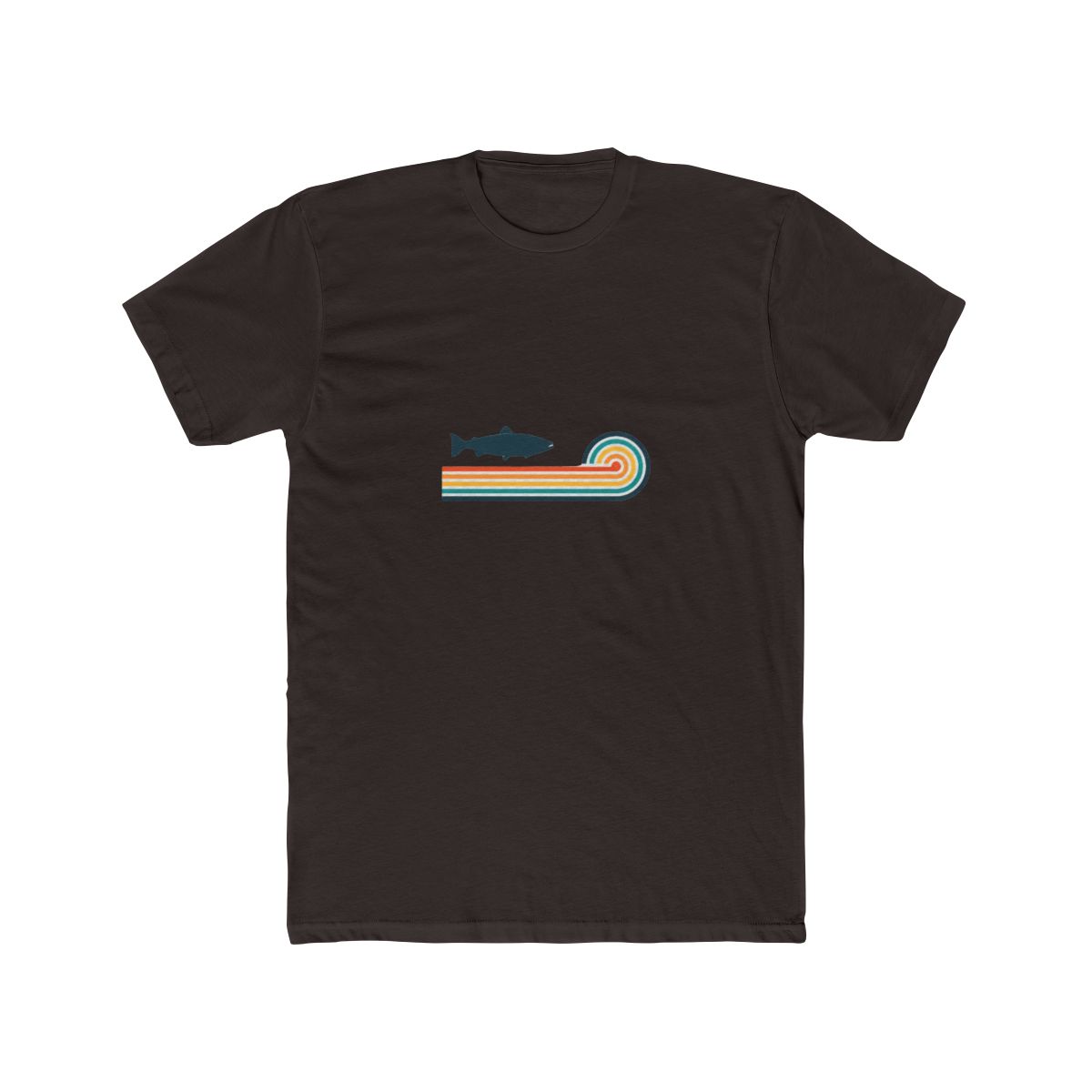 Pale blue T Shirt with a retro design. It features a dark blue fish silhouette above horizontal stripes in orange, yellow, and teal. The shirt has rolled-up sleeves and a knot at the bottom. The text... - alternate angle 2, merchandise
