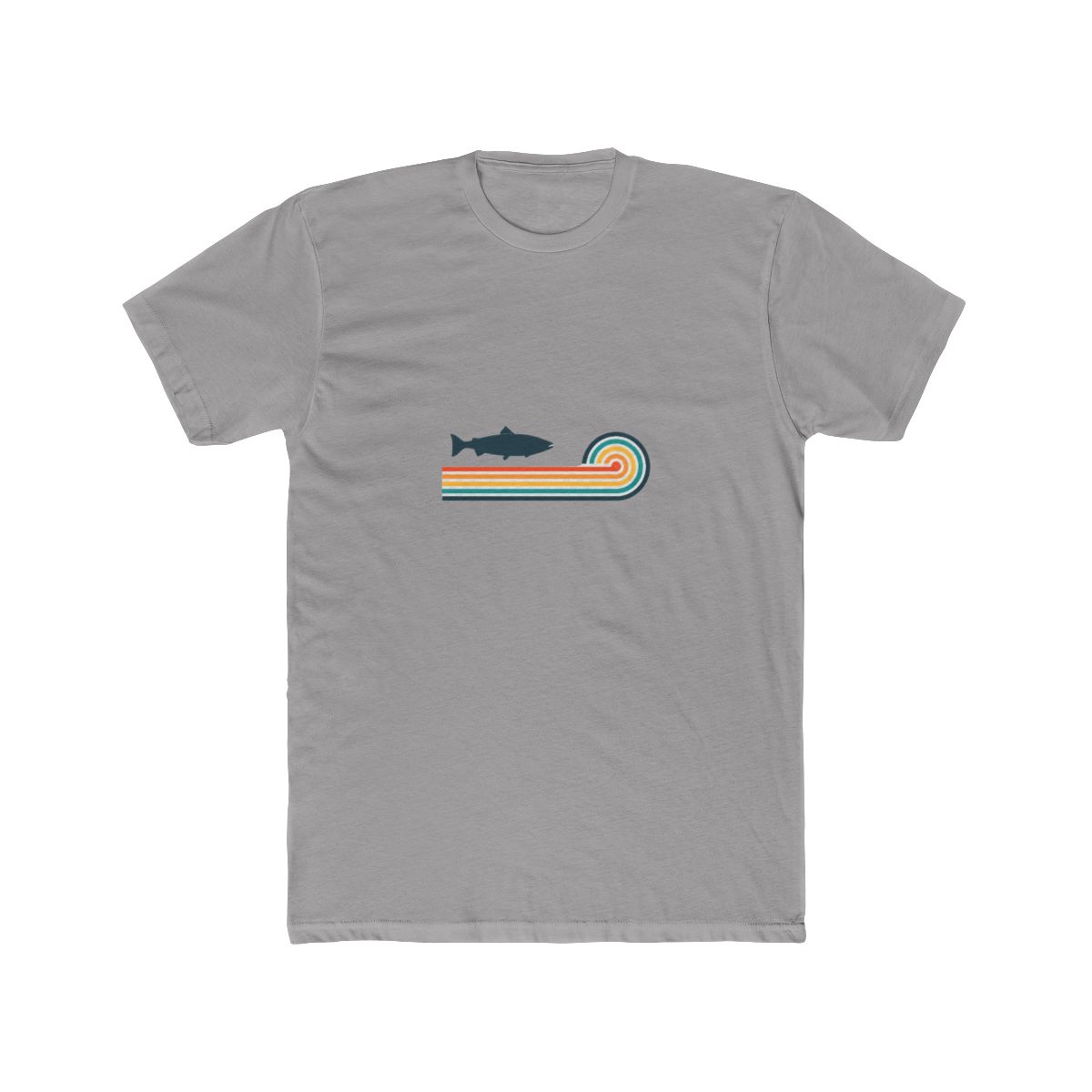 Pale blue T Shirt with a retro design. It features a dark blue fish silhouette above horizontal stripes in orange, yellow, and teal. The shirt has rolled-up sleeves and a knot at the bottom. The text... - Official T-Shirts merchandise