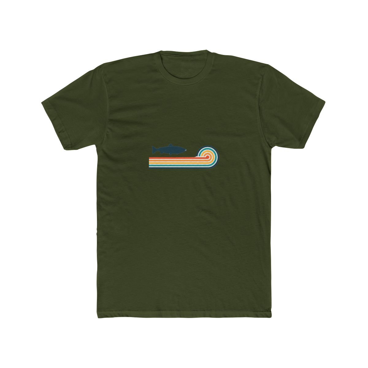 Pale blue T Shirt with a retro design. It features a dark blue fish silhouette above horizontal stripes in orange, yellow, and teal. The shirt has rolled-up sleeves and a knot at the bottom. The text... - alternate angle 5, merchandise