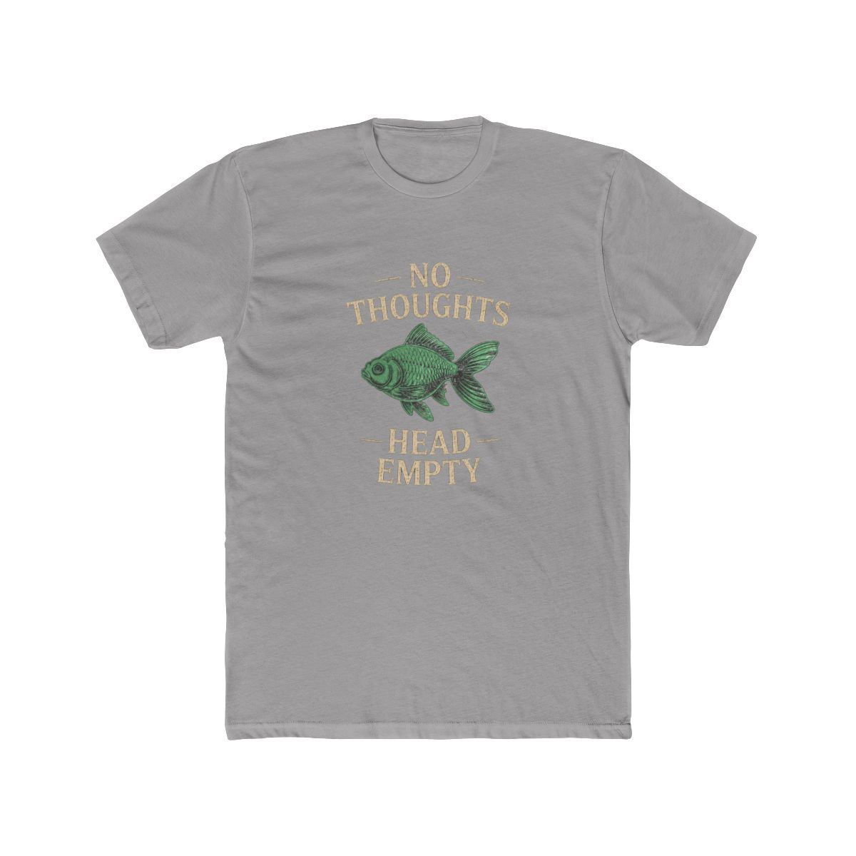 Dark grey T Shirt featuring the text "NO THOUGHTS HEAD EMPTY" and a green fish illustration. The shirt has a relaxed fit and short sleeves. The word is in a box in the upper left corner