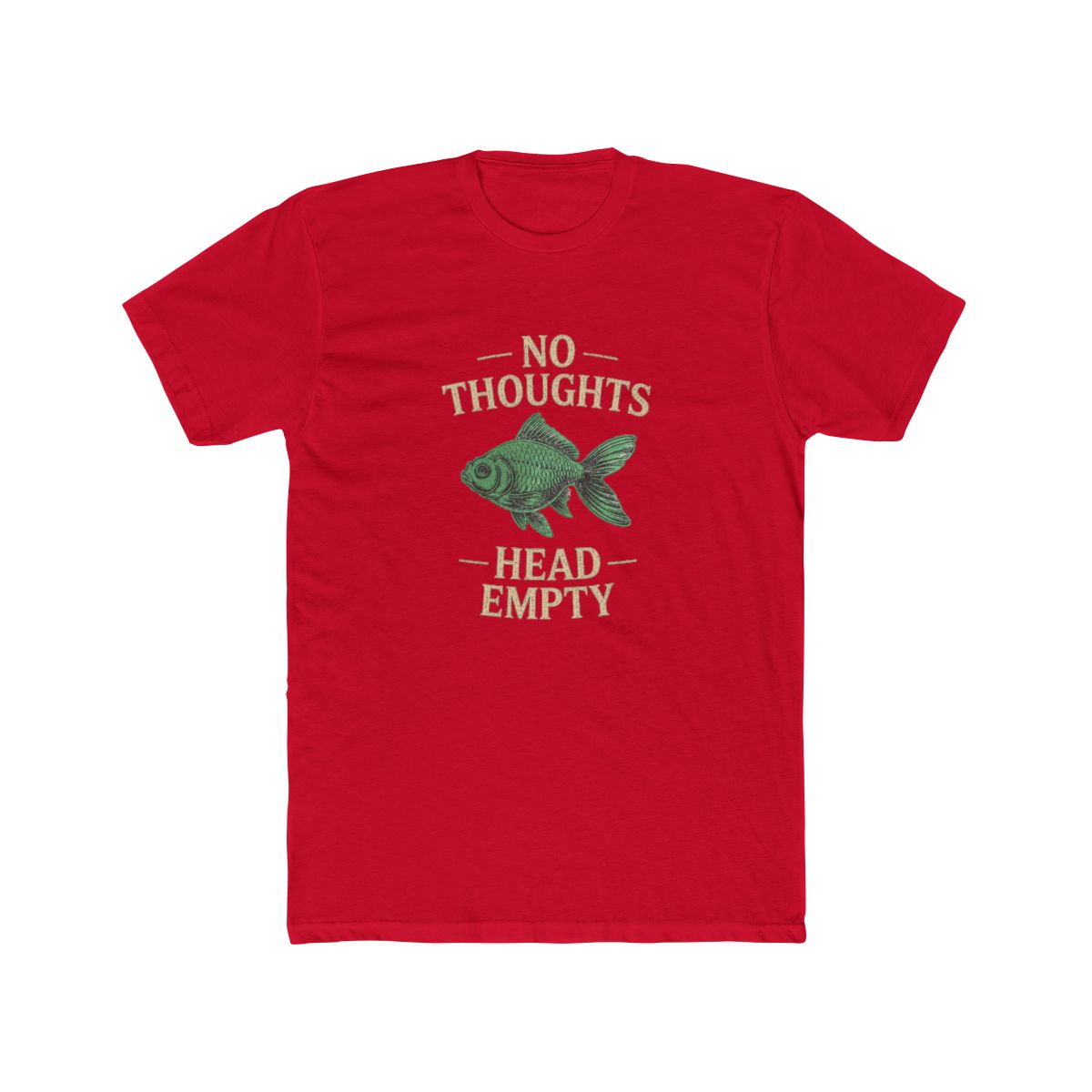 Dark grey T Shirt featuring the text "NO THOUGHTS HEAD EMPTY" and a green fish illustration. The shirt has a relaxed fit and short sleeves. The word is in a box in the upper left corner - alternate angle 5, merchandise