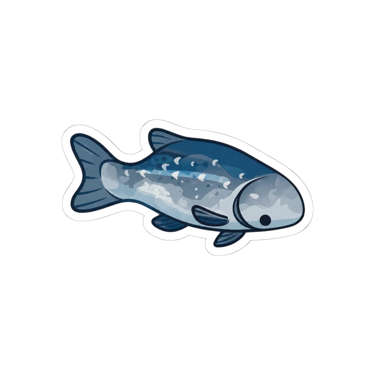 A sticker of a blue fish wearing white trainers is placed in front of a red apple. The apple has a red and yellow gradient. The background is blurred, with a glimpse of a window and a dark green... - Official Stickers merchandise